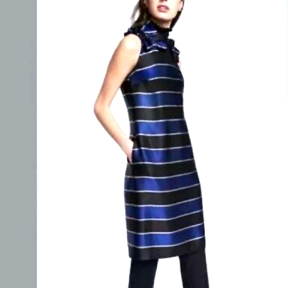 Banana Republic Navy Blue Black Stripe Ruffle Couture Collar Sheath Dress